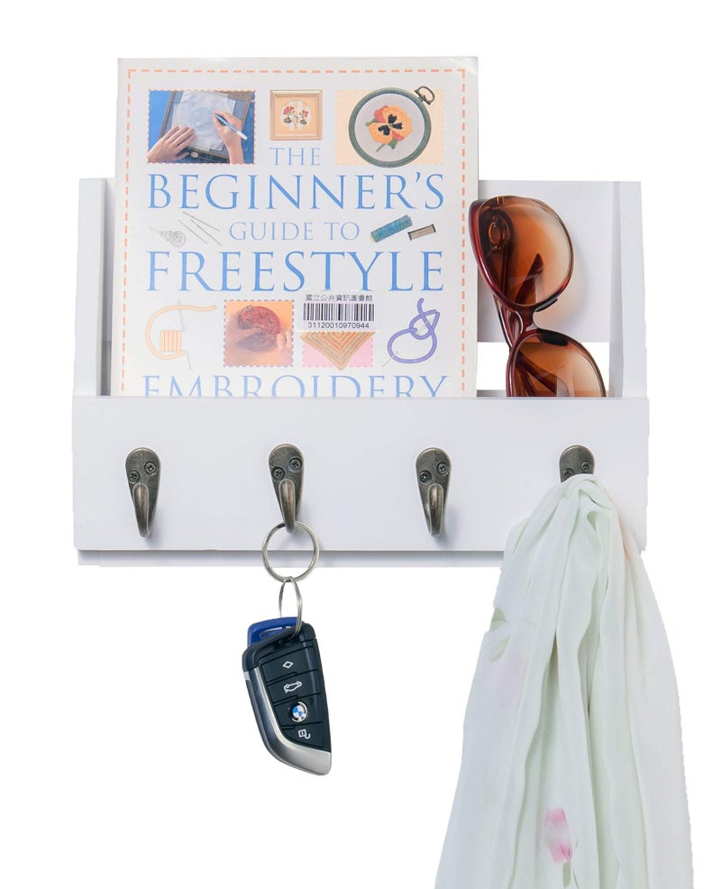 Flintar Wall Mounted Key and Mail Holder with 4 Hooks. Made of Solid Wood. Use as Key Rack, Entryway or Mudroom Organizer, Mail Sorter, Magazine Holder, Bill Sorter, Rustic Home DÃ©cor (White) - Image 1